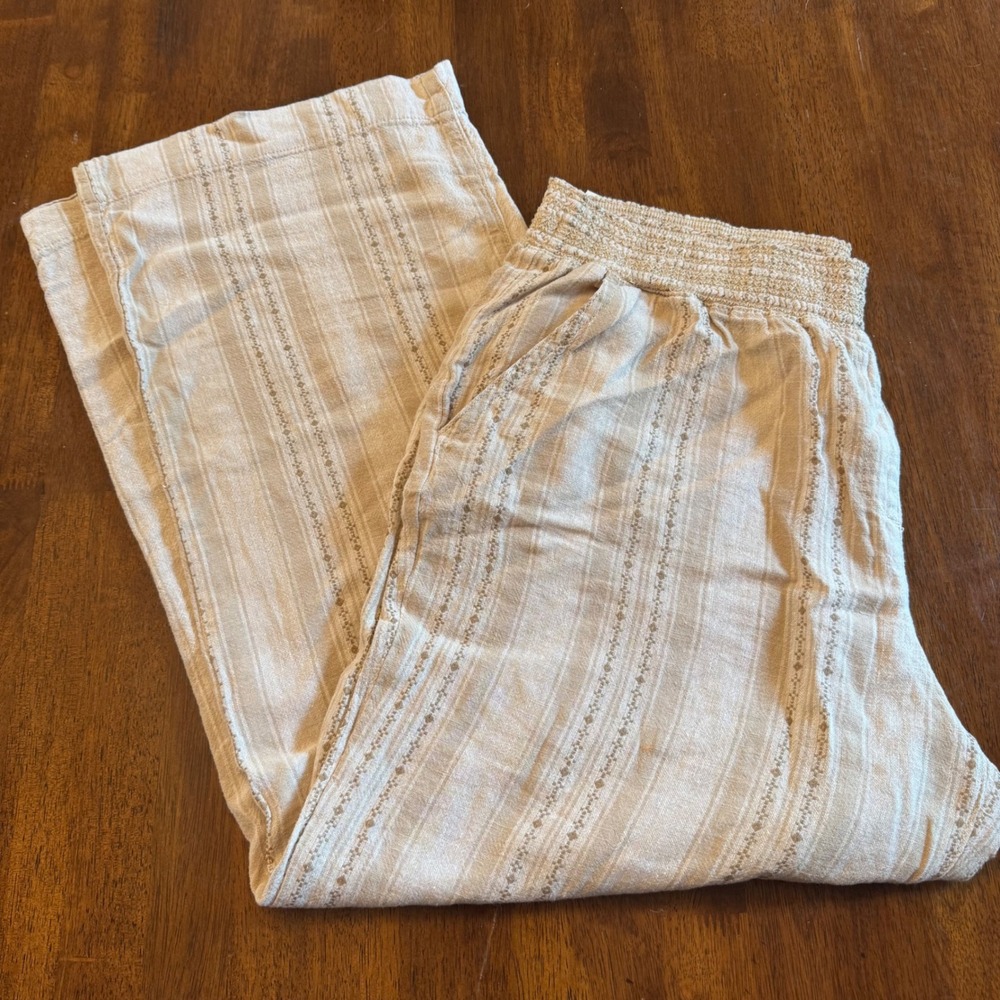 Briggs Womens XL Tan Linen Blend Striped Embroidered Wide Leg Smocked Pants NEW - Picture 1 of 7